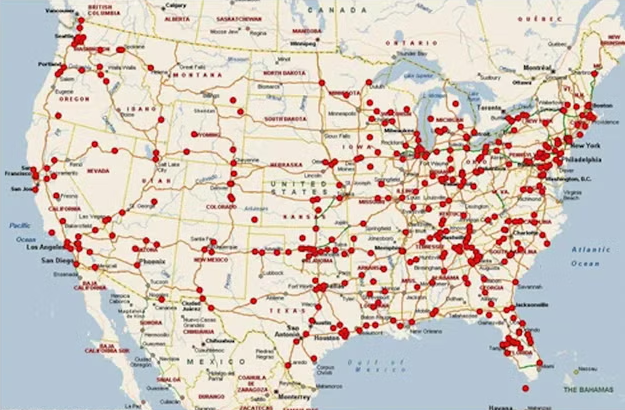 A map created by the Highway Serial Killings initiative is covered with red dots marking the 500 locations where bodies have been discovered along America’s highways over the past 30 years (FBI)