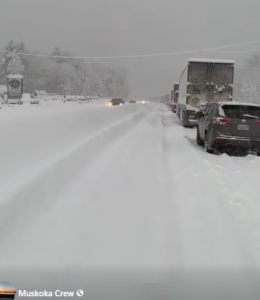 Stranded motorists on Highway 11 due to a winter storm and hazardous driving conditions in Ontario. 