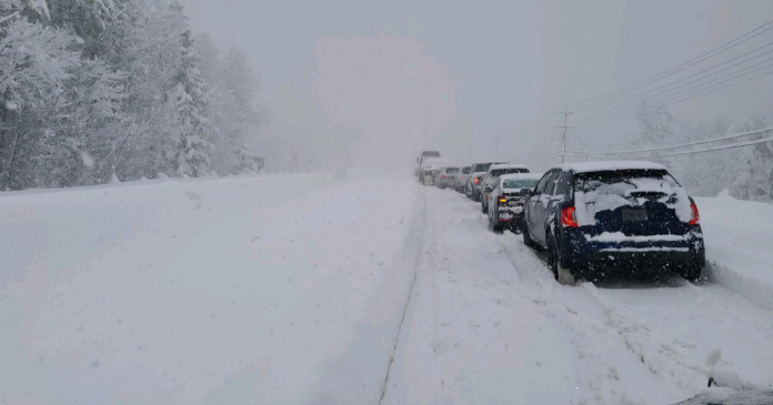 Stranded motorists on Highway 11 due to a winter storm and hazardous driving conditions in Ontario.