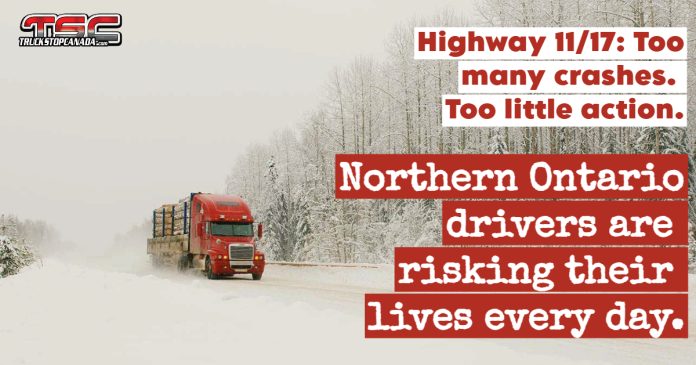 Image showing a transport truck on Highway 11-17 in Northern Ontario, highlighting dangerous conditions and inadequate training concerns in the Canadian trucking industry.